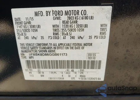 2016 Ford Explorer Xlt из США, поврежденный, VIN 1FM5K8D86GGB61173